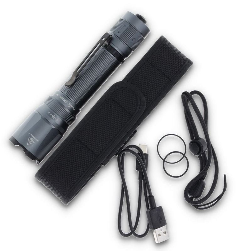 Vue de côté de la lampe de poche tactique Fenix TK20R UE avec prise texturée et interrupteur latéral