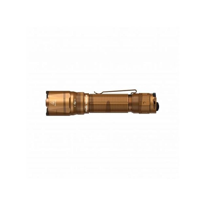 Vue de face de la lampe torche tactique Fenix TK20R UE Camouflage avec corps en aluminium motif camo