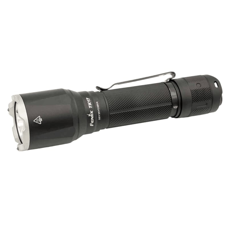 Lampe de poche tactique Fenix TK17 sur fond blanc, montrant les doubles interrupteurs arrière et la 