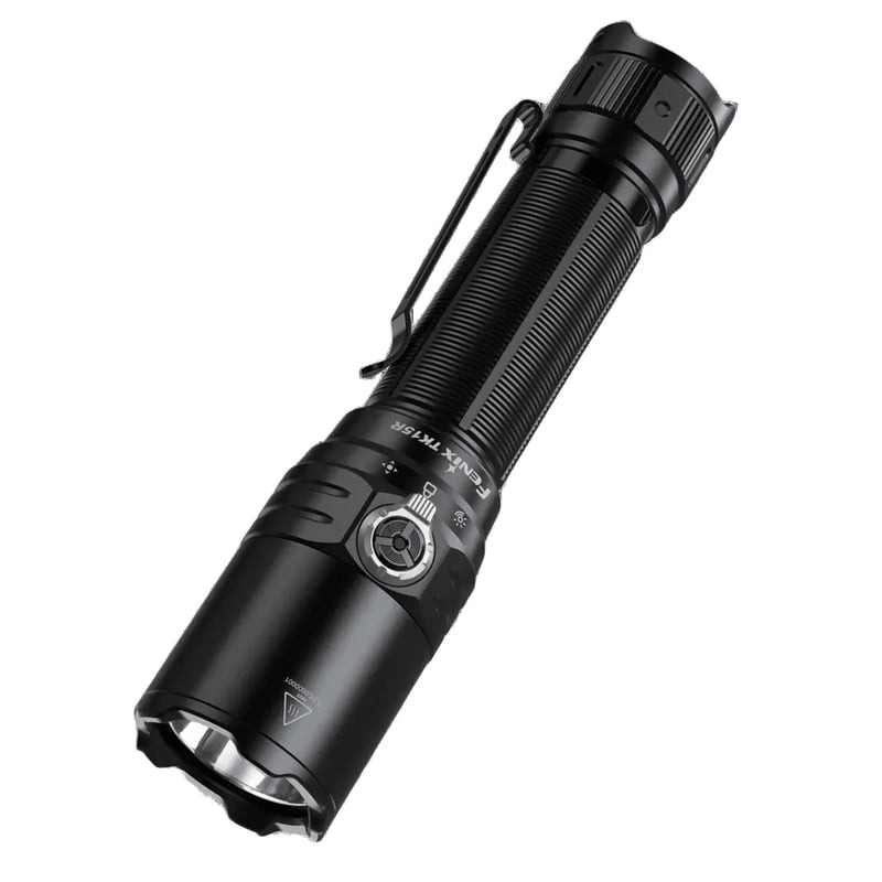 Vue avant de la lampe torche tactique Fenix TK15R montrant la bague crénelée et la lentille.