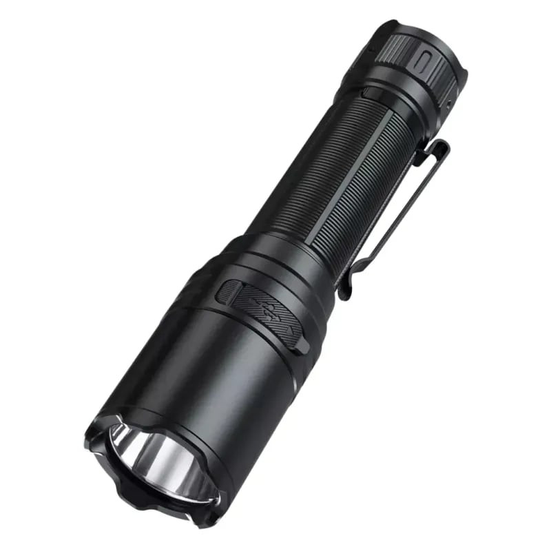 Vue latérale de la lampe torche tactique rechargeable Fenix TK15R avec texture antidérapante et inte