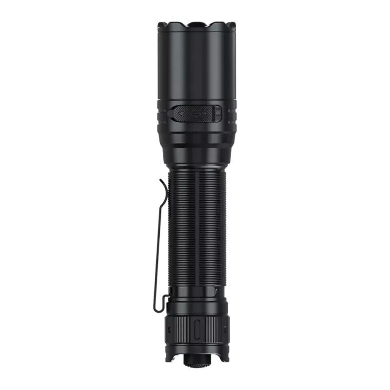 Lampe torche tactique Fenix TK15R vue en angle montrant l'interrupteur arrière et les détails du cor