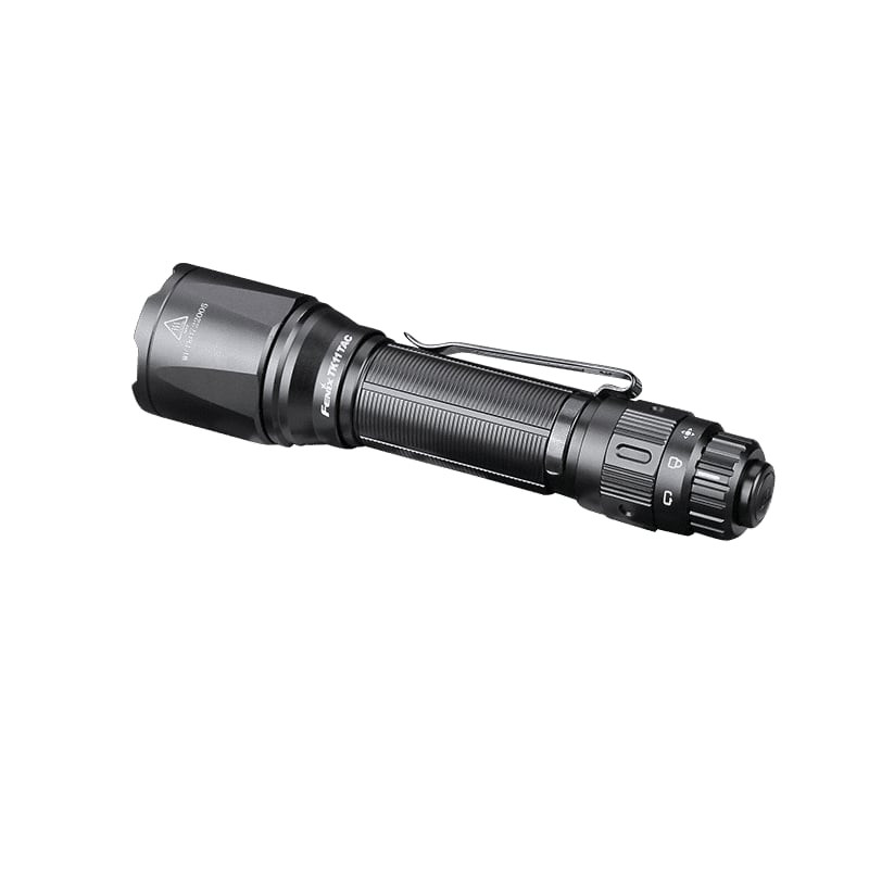 Lampe tactique Fenix TK11 TAC sur fond blanc, vue latérale mettant en valeur le design compact et le
