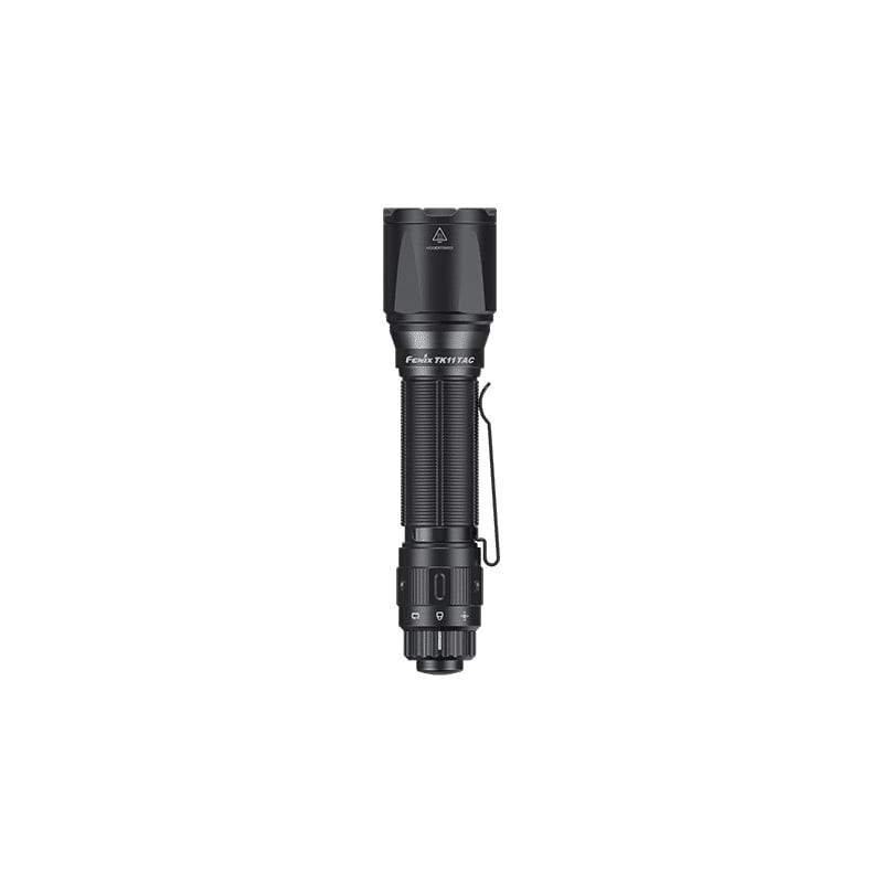 Lampe torche tactique Fenix TK11 TAC sur fond blanc, vue inclinée montrant la lentille et le réflect