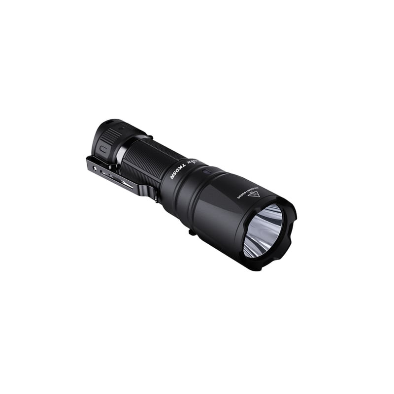 Fenix TK05R avec batterie rechargeable et câble USB-C inclus sur fond blanc.
