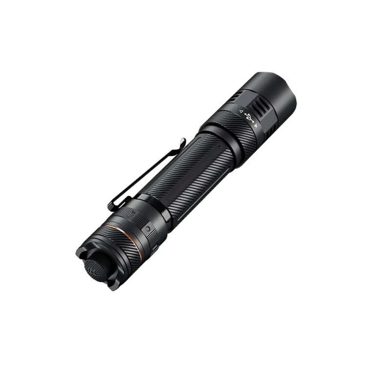 Lampe de poche tactique Fenix PD45R ACE en vue latérale montrant la poignée texturée, l'interrupteur