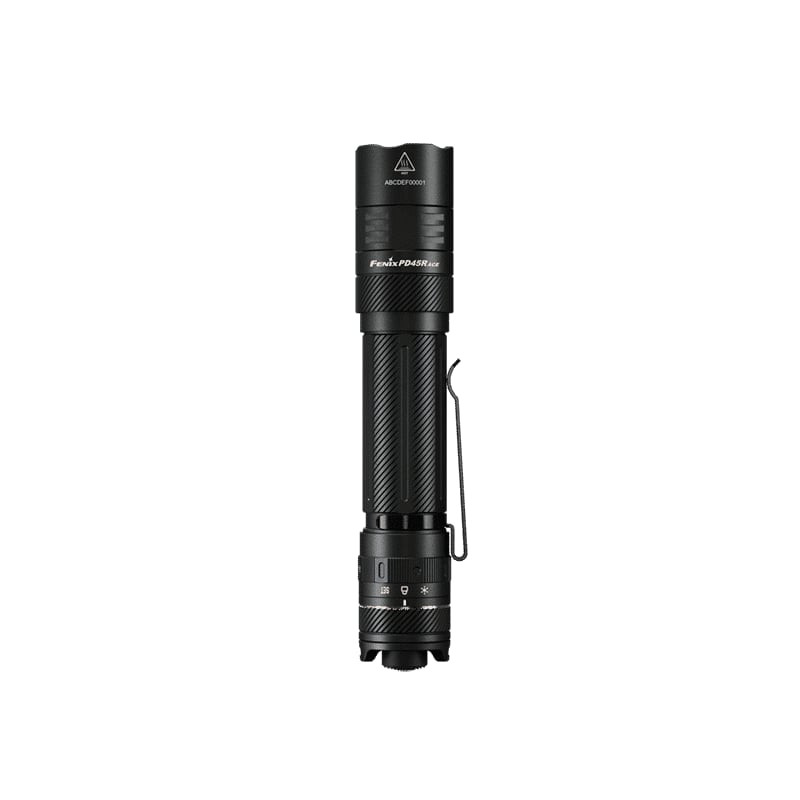 Vue de la lampe de poche tactique Fenix PD45R ACE montrant le compartiment de batterie avec une batt