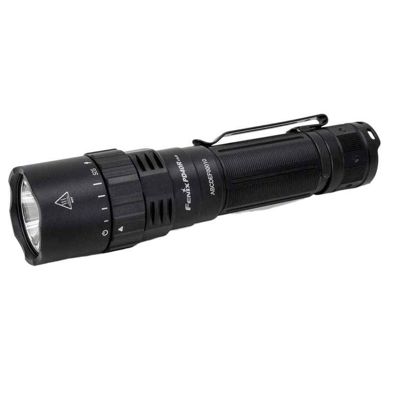 Vue de face de la lampe torche rechargeable Fenix 1451306 PD40R V3.0 montrant la lentille et le coll
