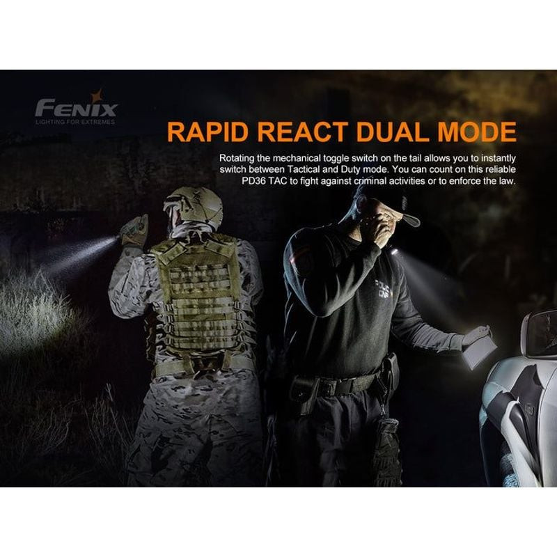 1451305 Lampe de poche Fenix PD36 TAC montée sur un casque ou un équipement, montrant une utilisatio