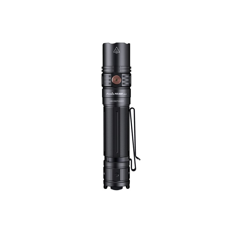 Vue arrière de la lampe torche Fenix PD36R V2.0 montrant le capuchon arrière avec grip tactile et tr
