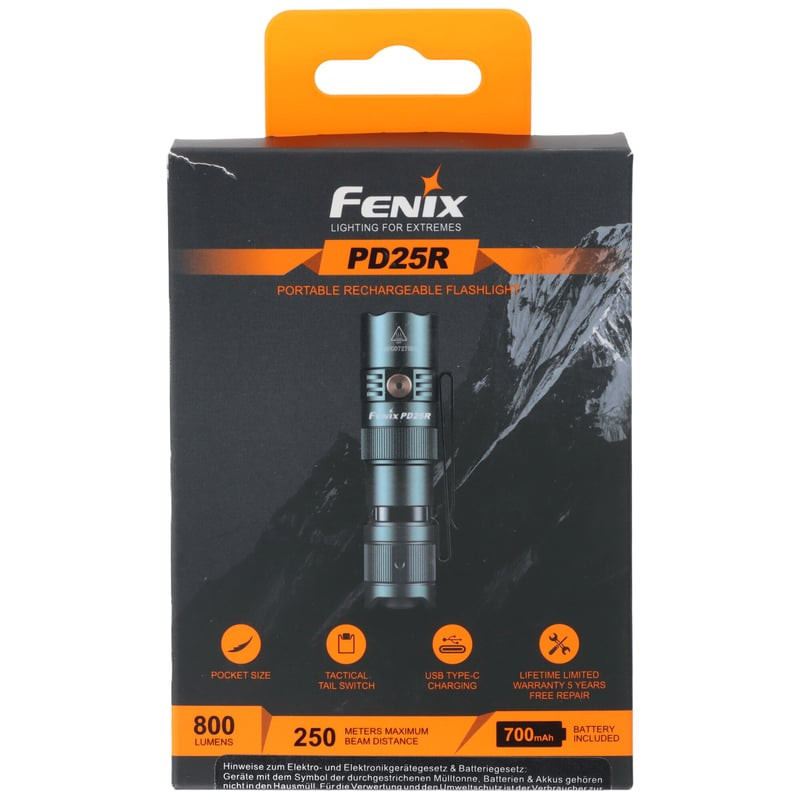 Vue latérale de la lampe Fenix PD25R Sierra Green avec interrupteur arrière et clip, corps en alumin