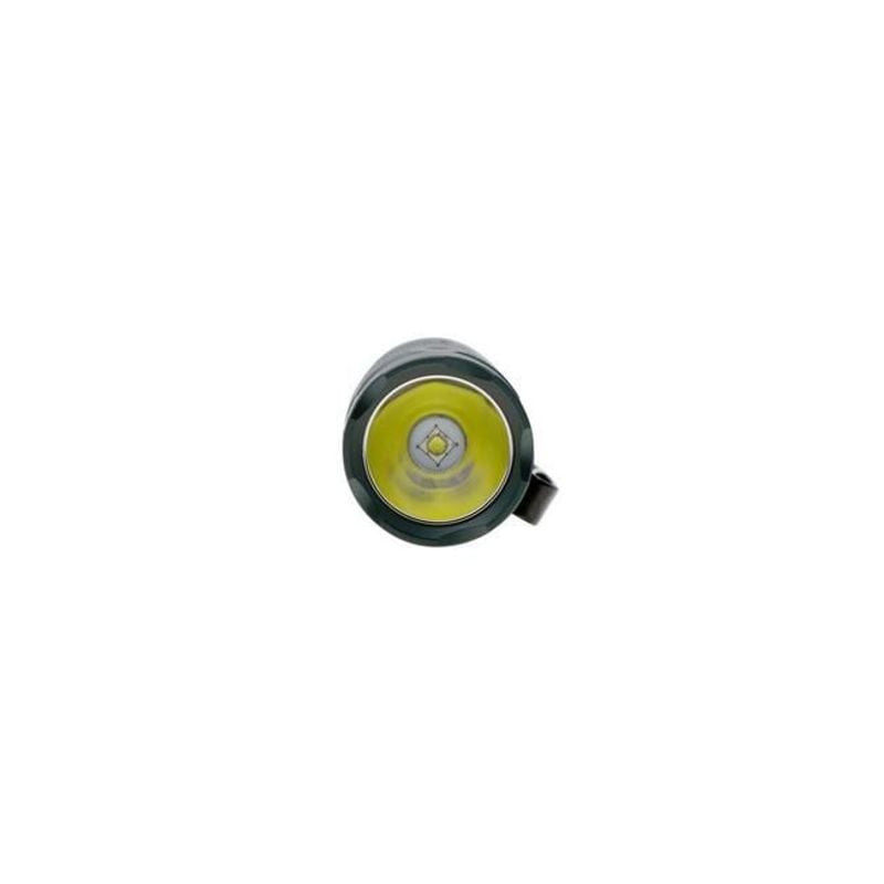 Gros plan de la lentille et de l'interrupteur latéral de la lampe de poche Fenix PD25R Sierra Green,