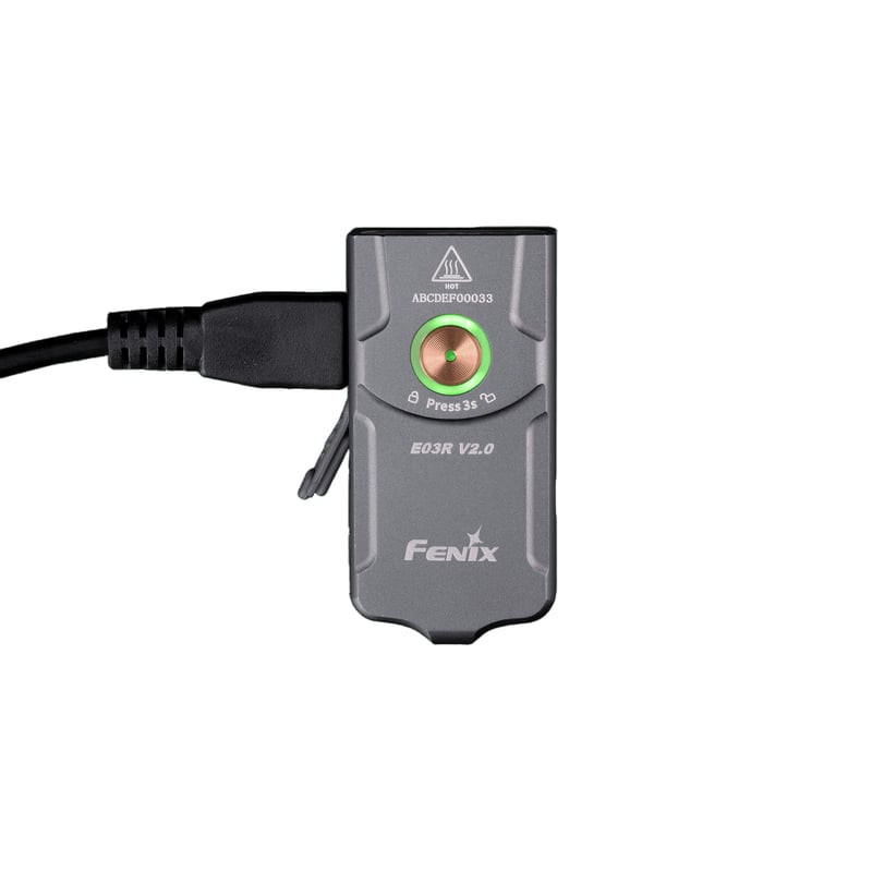 Lampe porte-clés Fenix E03R V2.0 sur fond blanc montrant son design compact