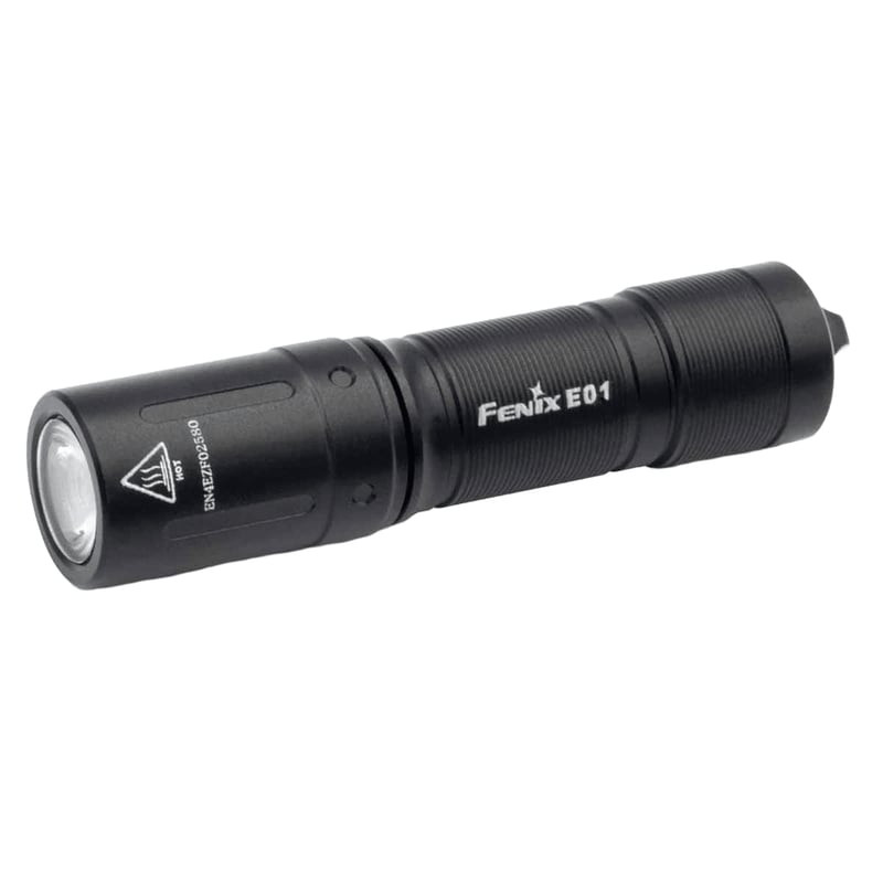 Lampe de poche porte-clés mini Fenix E01 V2.0 en packshot avec corps métallique et grip moleté.