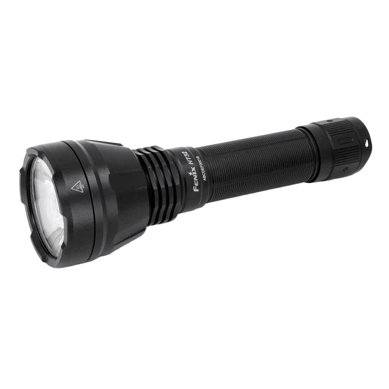 Vue de face de la lampe torche tactique Fenix HT32 avec sa poignée texturée et son rebord.