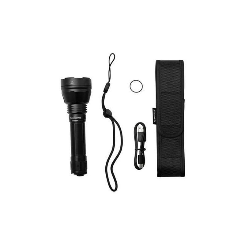 Lampe torche Fenix HT32 en vue angulaire montrant la lentille TIR et les LED tricolores.