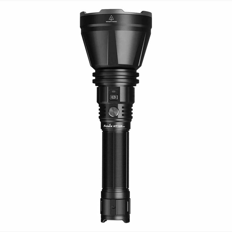 Vue angulaire de la lampe torche Fenix HT18R V2.0, mettant en valeur la lentille et les ailettes de 