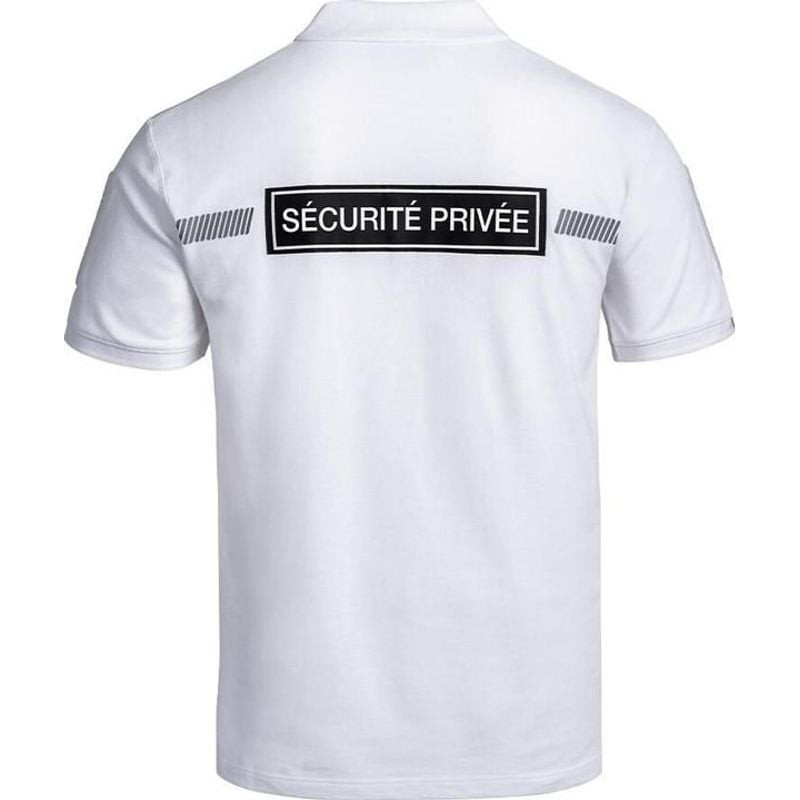 Vue de face du polo de sécurité Sécu-One A10 Equipment avec bande grise, col à deux boutons et velcr