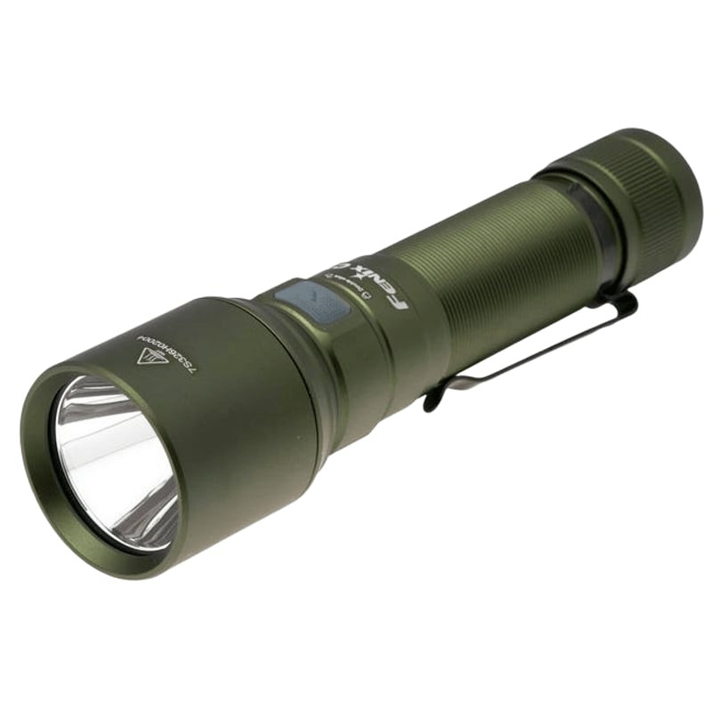 Lampe torche rechargeable Fenix C7 Green édition limitée avec corps vert et bouton latéral, vue de f