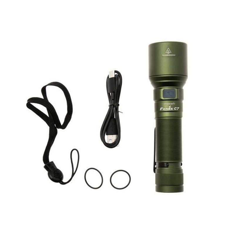 Lampe torche Fenix C7 Green vue arrière avec capuchon magnétique et port de charge USB-C.