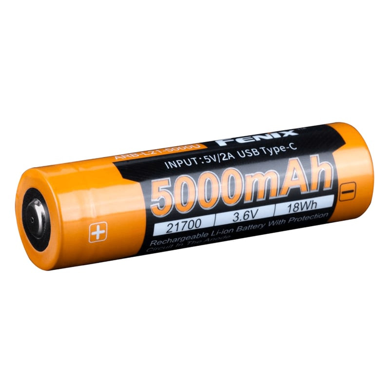 Batterie rechargeable Fenix ARB-L21-5000U 21700 avec port USB-C et design à bouton positif sur fond 