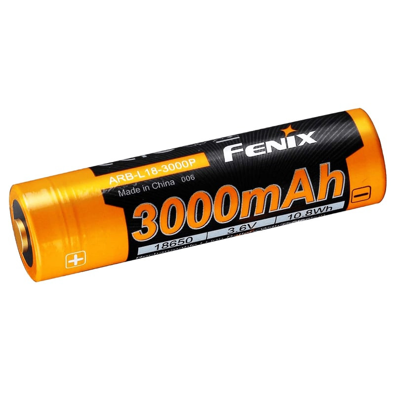 Vue avant de la batterie lithium-ion rechargeable Fenix ARB-L18-3000P 18650 avec logo