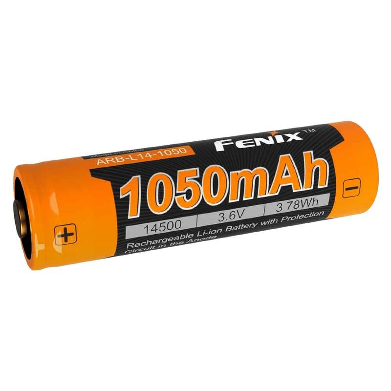 Packshot de la batterie rechargeable Fenix ARB-L14-1050 14500 Li-ion avec boîtier en acier et borne 
