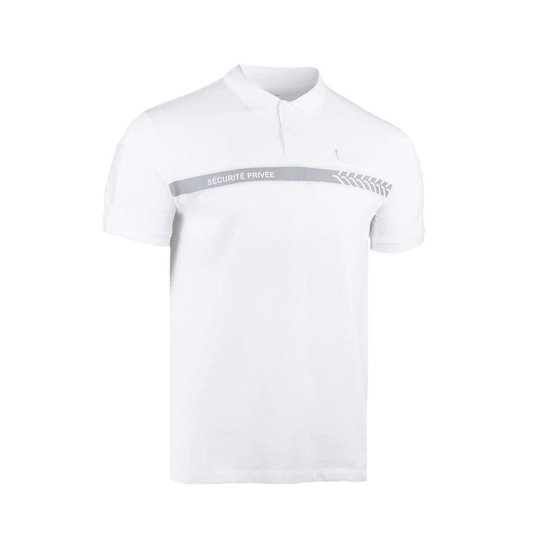 Polo de sécurité blanc GK Pro 2013607 avec bande de poitrine grise et marquage Sécurité Privée, vue 