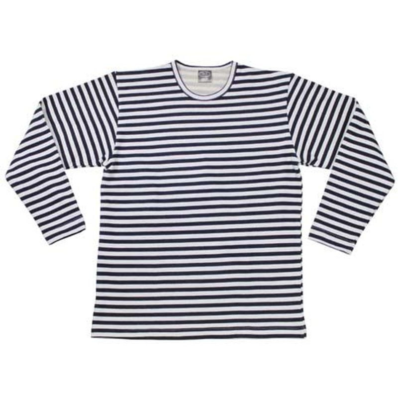 MFH 2072800 T-shirt marinière russe vue de face, rayures bleues sur coton blanc hiver