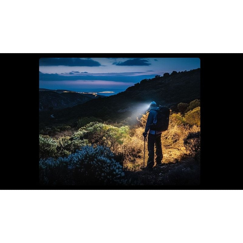 Lampe frontale rechargeable HC60 UHE Nitecore 1600 Lumens éclairant un sentier de nuit en forêt.