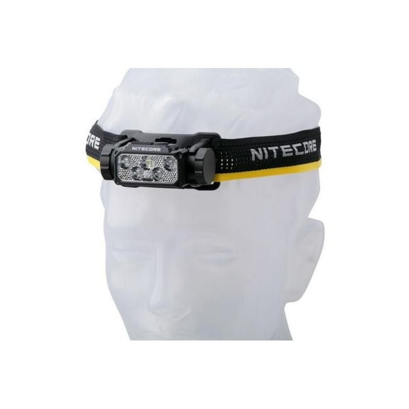 Lampe frontale rechargeable HC60 UHE Nitecore 1600 Lumens avec sa tête inclinable.