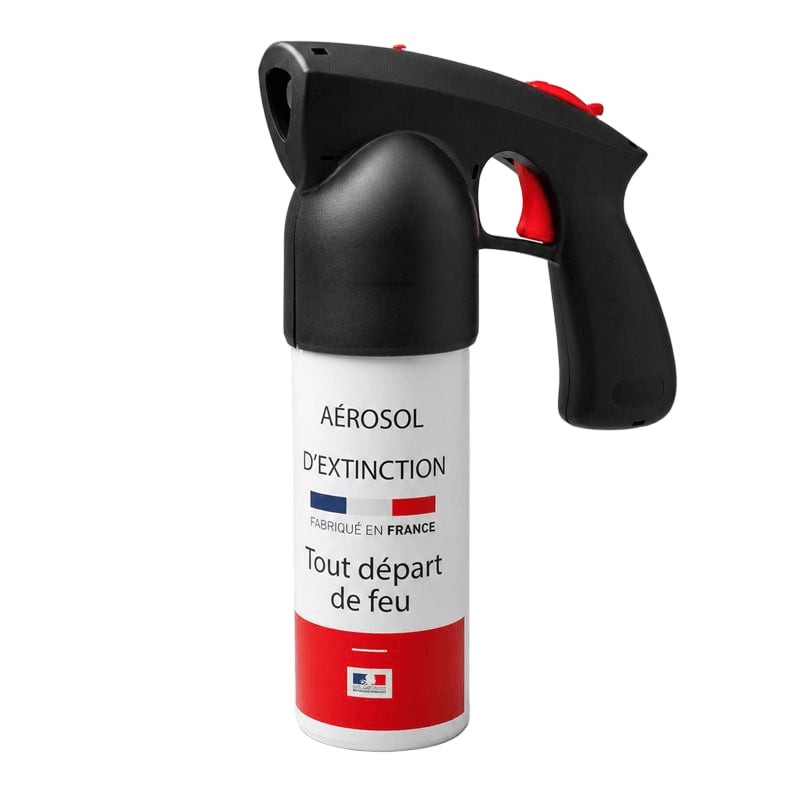 Aérosol extincteur LPSA 500 ml avec poignée pistolet noire, gâchette rouge et étiquette blanche aux 