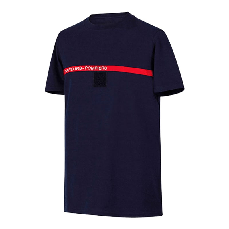 T-shirt bleu marine à manches courtes avec bande de poitrine rouge Sapeurs-Pompiers et patch auto-ag