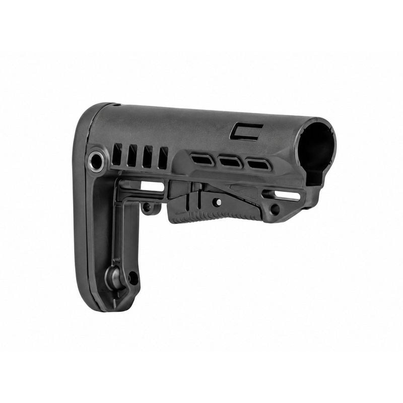 Crosse télescopique compacte DLG Tactical Commercial Spec, noire, vue de droite montrant le mécanism