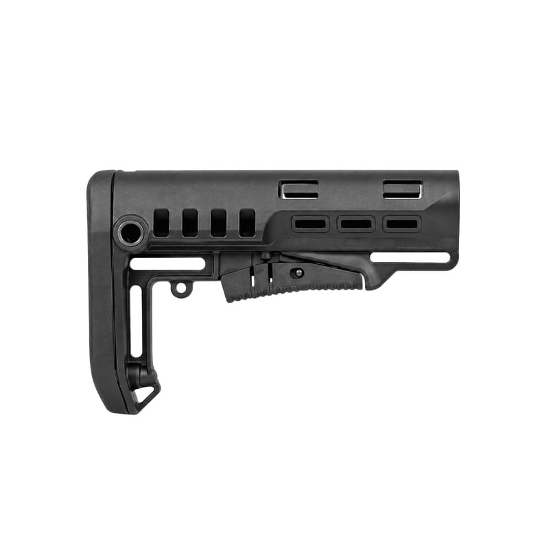 Vue de côté de la crosse tactique télescopique DLG Tactical Commercial Spec noire montrant son levie