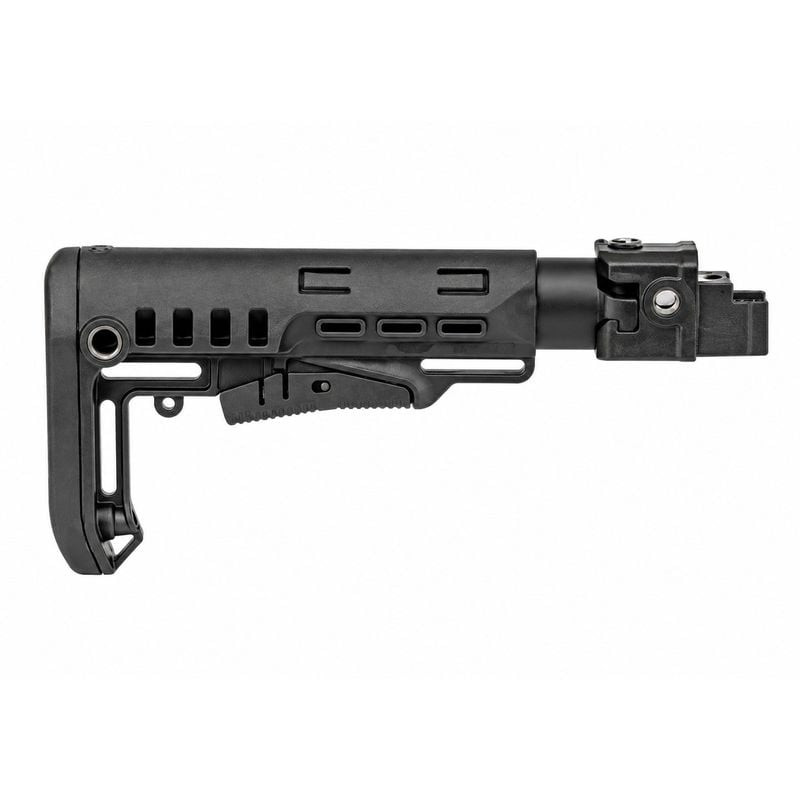 Vue latérale complète de la crosse télescopique DLG Tactical montée sur un adaptateur de tube de cro
