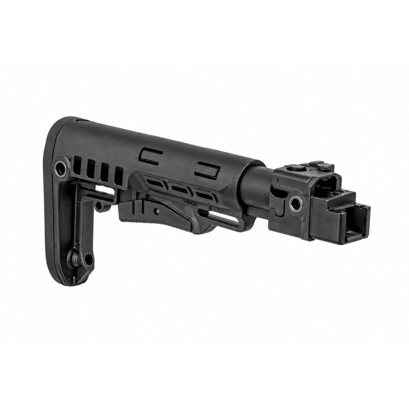 Vue de trois quarts de la crosse télescopique DLG Tactical avec bloc adaptateur arrière et interface