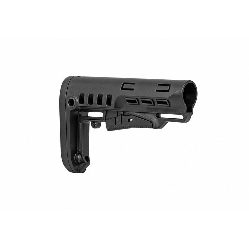 Vue inclinée de la crosse télescopique DLG Tactical Commercial Spec avec canal creux du tube de cros