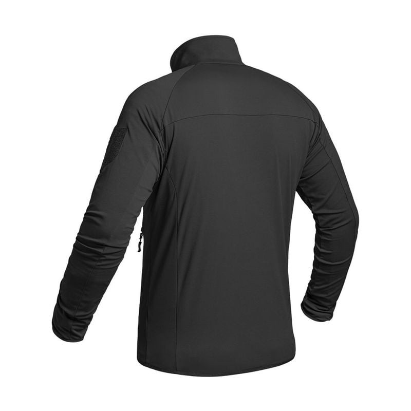 Vue de dos en trois quarts du gilet X-Move noir : manches raglan, coupe ajustée et patch Velcro à ga