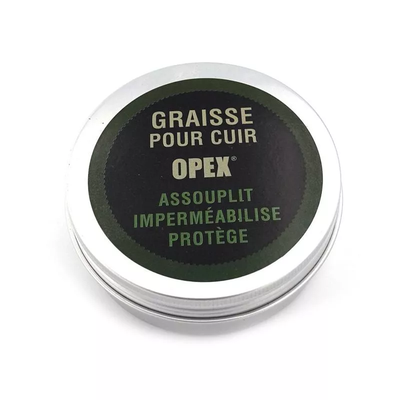 Vue avant de la boîte métal Graisse de luxe Opex pour cuir affichant Graisse pour cuir, logo OPEX et