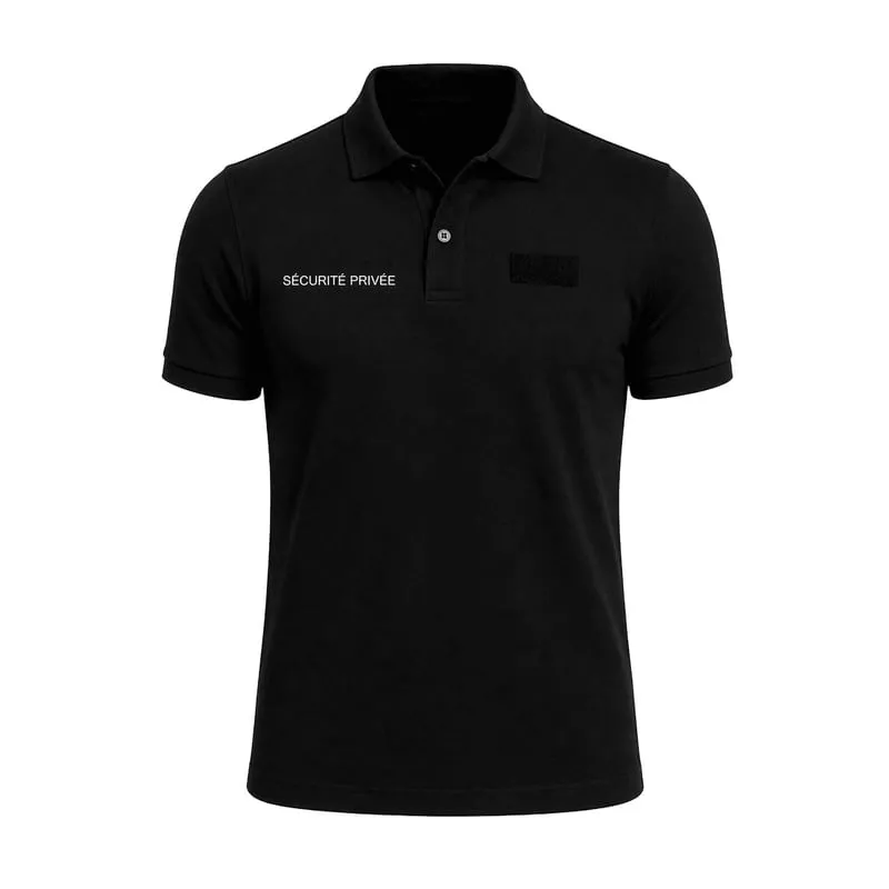 Vue avant du polo noir Patrol 1116846 manches courtes avec texte 'SÉCURITÉ PRIVÉE' et patch Velcro s