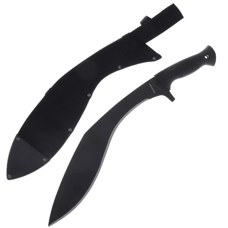 Gros plan sur la Machette Royal Kukri Cold Steel 661599 : lame noire détaillée, marquage 'Cold Steel