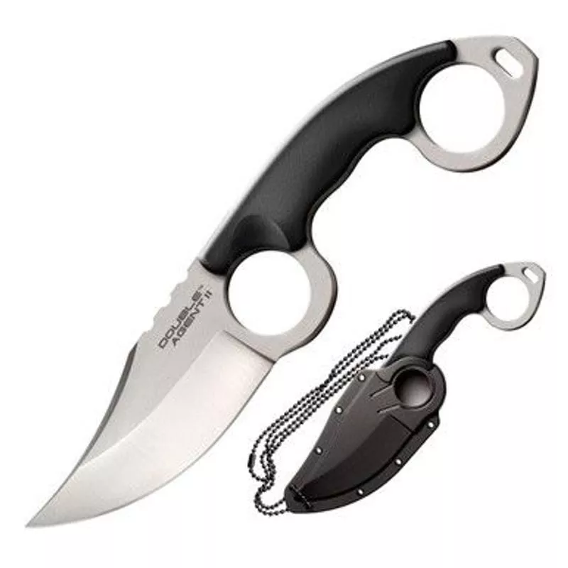 Couteau tour de cou Cold Steel Double Agent II avec étui et chaîne, vue complète de la lame Clip Poi