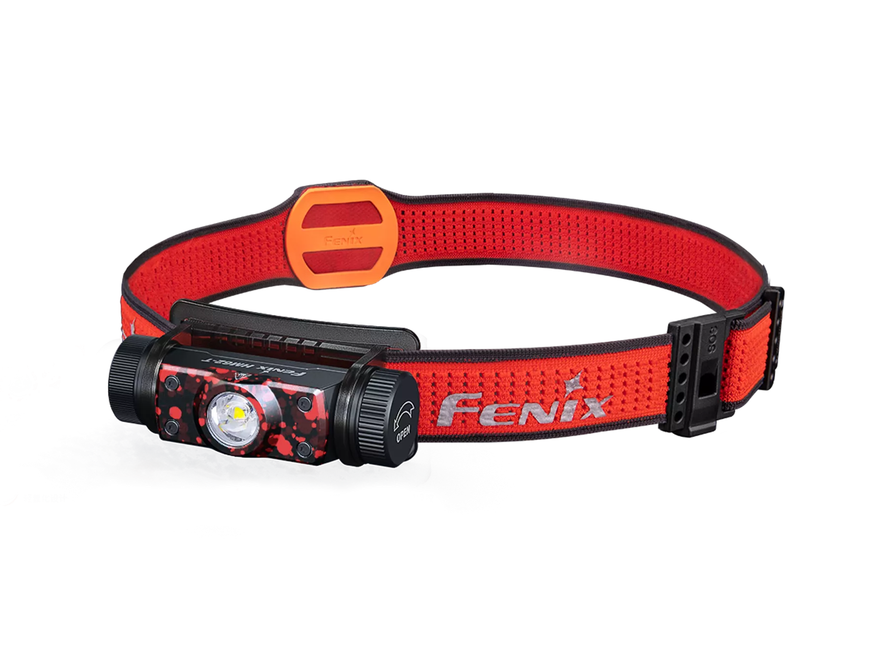 Fenix HM62-T headlamp front view showing the dual white and red LED lens and large side switch on ma