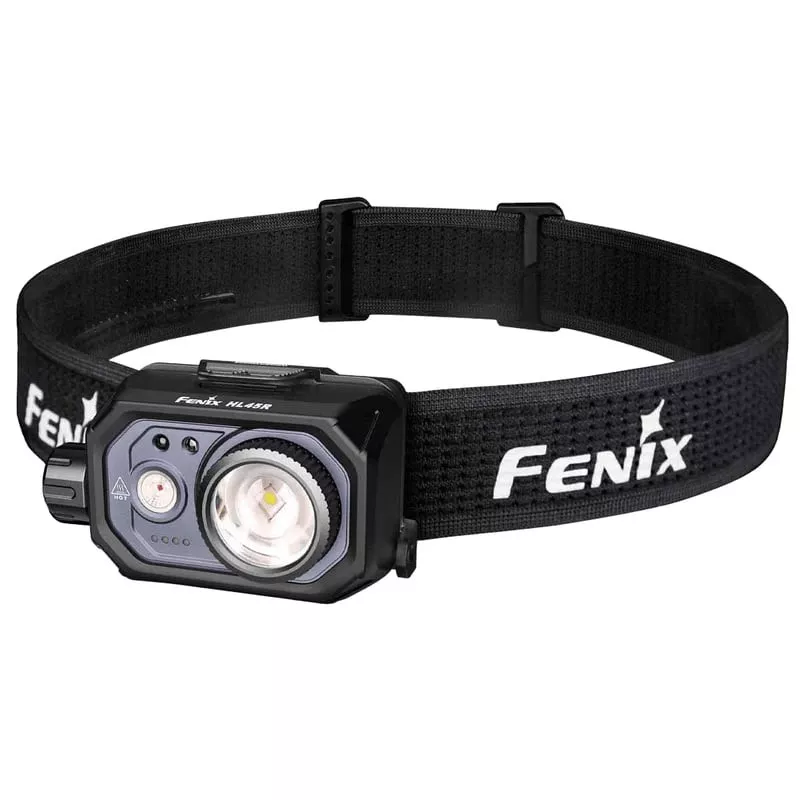Lampe frontale rechargeable Fenix HL45R vue de face sur fond blanc montrant les deux lentilles LED e