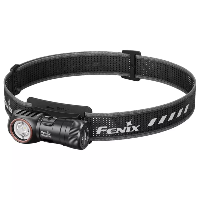 Lampe frontale rechargeable Fenix HM53R à double éclairage, vue de face montrant le design compact e