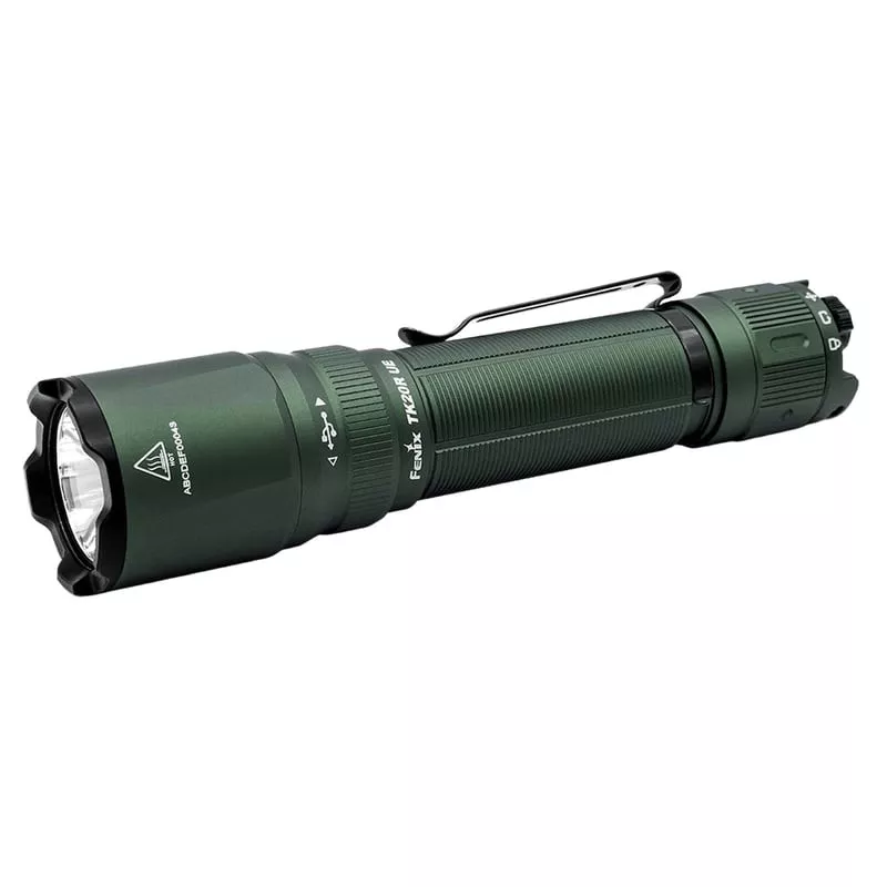 Lampe torche tactique Fenix TK20R UE Tropical sur fond blanc, vue de face montrant la lentille et l'