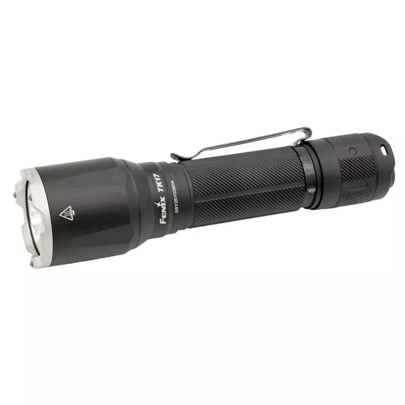 Lampe de poche tactique Fenix TK17 sur fond blanc, montrant les doubles interrupteurs arrière et la 