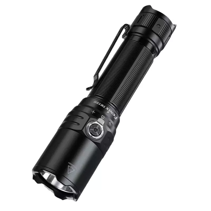 Vue avant de la lampe torche tactique Fenix TK15R montrant la bague crénelée et la lentille.