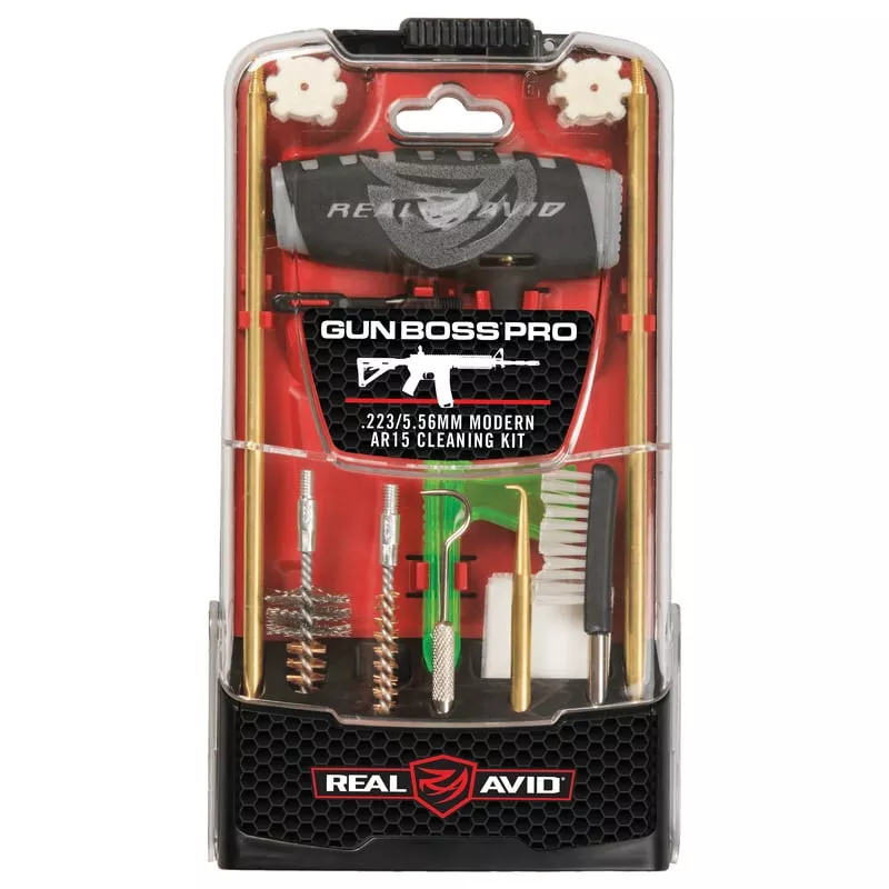 Kit de nettoyage Real Avid Gun Boss Pro AR-15 dans étui polycarbonate, vue fermée avec marque et nom